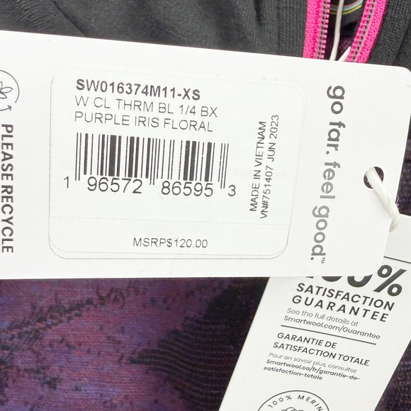 Smartwool Baselayer Womens 1/4 Zip Thermal Merino Size XS Purple Iris Floral NWT - Picture 8 of 11